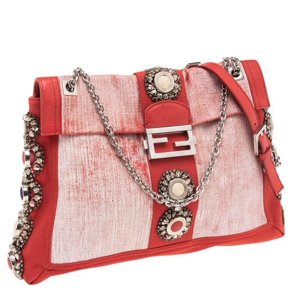 FENDI Red/White Canvas and Leather Maxi Baguette Embellished Shoulder Bag - Picture 3 of 9